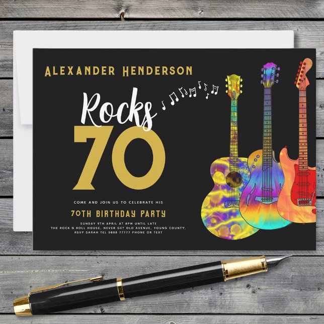 Convites Festa de Aniversário de 70 anos do Rock and Roll (Rock and roll 70th birthday party black and gold invitation )