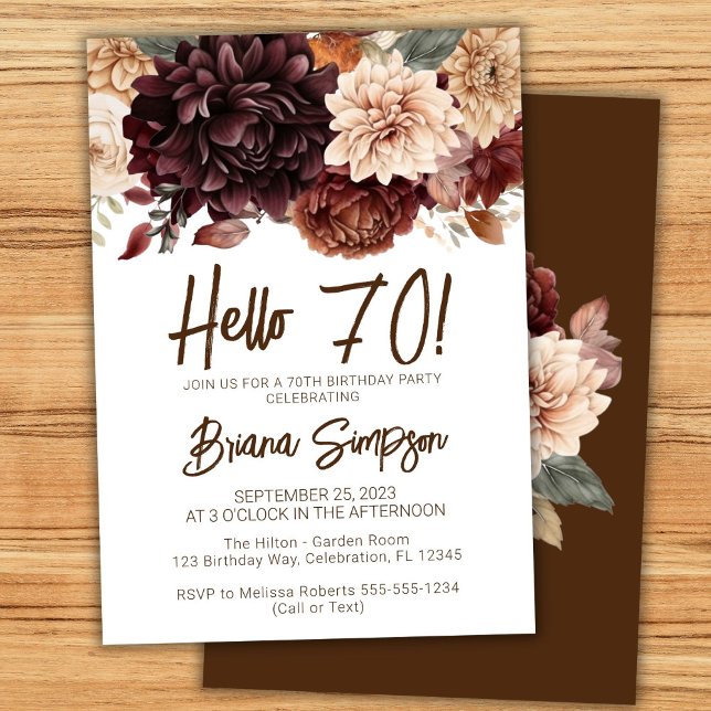 Convites Festa de Aniversário de 70 Anos Flores Marrom Bege (Criador carregado)