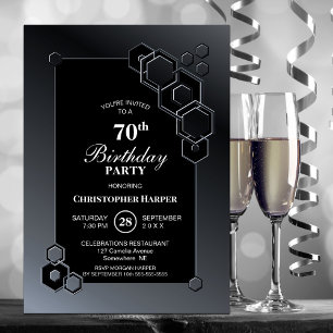 Convites Festa de Aniversário de 70 anos Preto e Cinza Geom