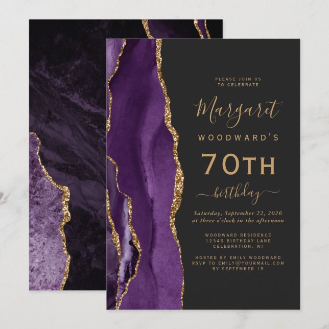 Convites Festa de Aniversário de 70 anos Purple Gold Agate  (Frente/Verso)