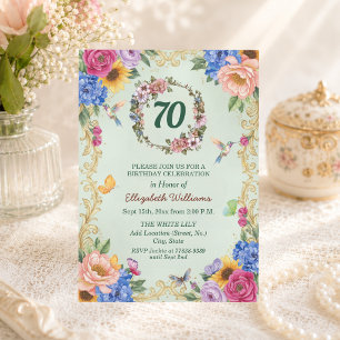 Convites Festa de Aniversário de 70 anos Royal Gold Floral 