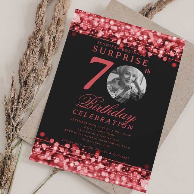 Convites Festa de Aniversário de 70 anos SURPRESA Luzes Ver (SURPRISE Photo 70th Birthday Party Red Lights Invitation)