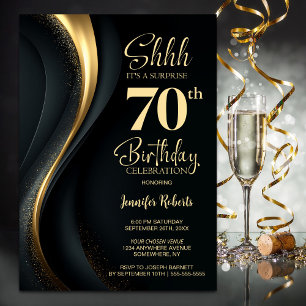 Convites Festa de Aniversário de 70 Anos Surpresa Preto e D