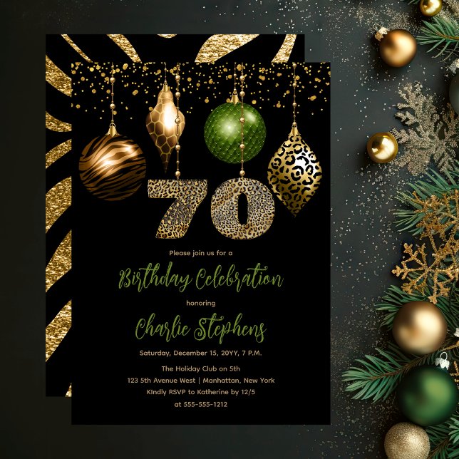 Convites Festa de aniversário de 70 de Balas de Animais Tro (Glamorous Tropical Animal Print Baubles 70th Birthday Party Invitation in Black, Gold & Olive Green)