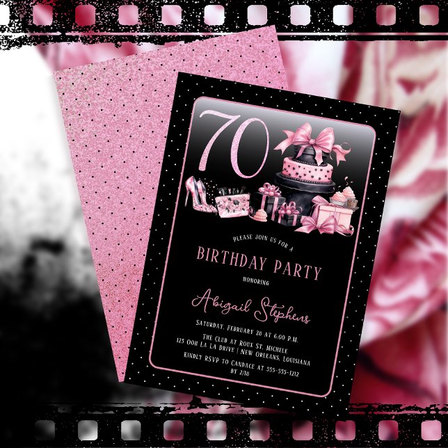 Convites Festa de aniversário de 70 de Moda Preta com Grelh (Glam Pink and Black French Couture Fashion 70th Birthday Party Invitation)