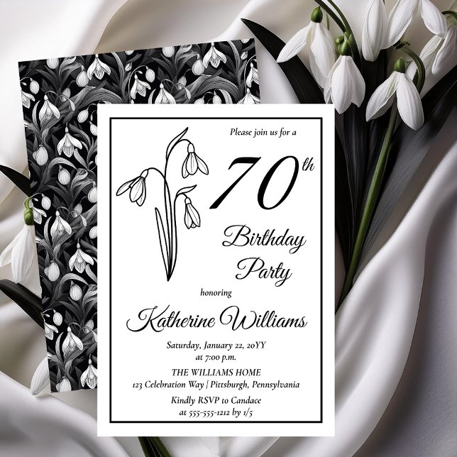 Convites Festa de aniversário de 70 de Neves Elegante (Elegant January Birth Month Snowdrops Floral "70th Birthday Party" Invitations -- Print | Download)