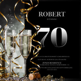 Convites Festa de aniversário de 70 de prata e preto minima