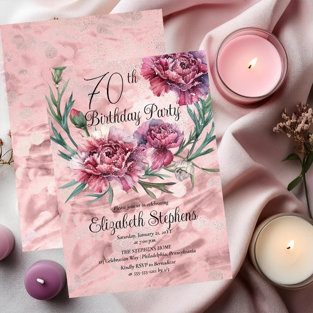 Convites Festa de aniversário de 70 dos Cravos Elegante (Elegant Pink and Mauve Carnations 70th Birthday Party Invitation)