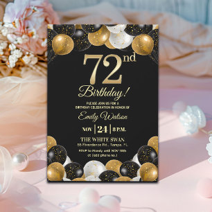 Convites Festa de Aniversário de 72 Anos com Brilho Preto E