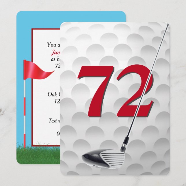 Convites Festa de Aniversário de 72 anos com tema de golfe (Frente/Verso)