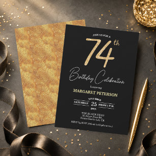 Convites Festa de Aniversário de 74 anos com Brilho Preto E