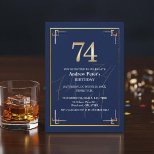 Convites Festa de Aniversário de 74 anos Elegante Azul Dour