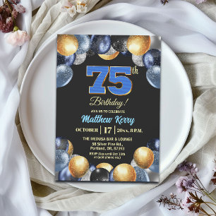 Convites Festa de Aniversário de 75 anos Azul Prata Dourado