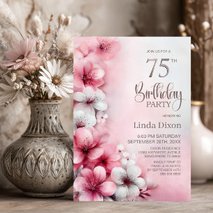 Convites Festa de Aniversário de 75 anos com Flores Rosa e 