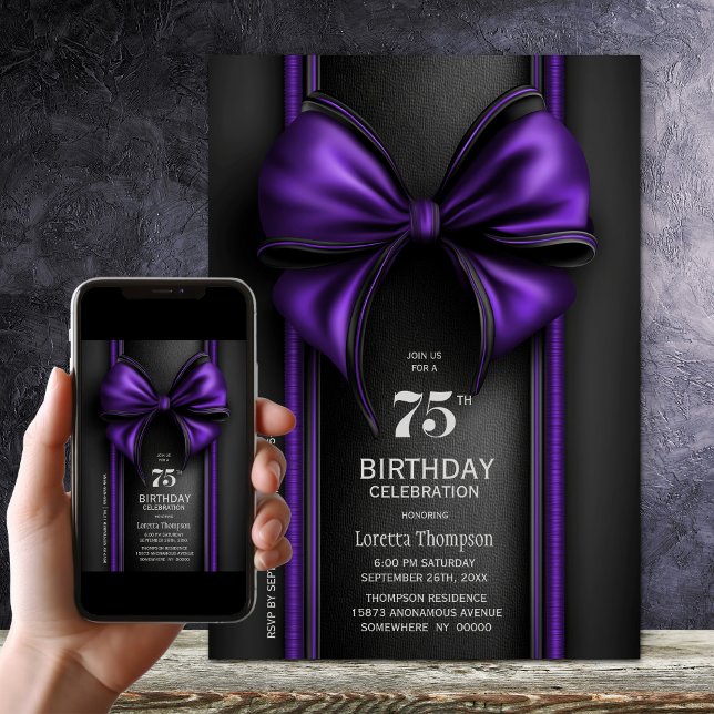 Convites Festa de Aniversário de 75 anos com Laço Roxo Eleg (Criador carregado)