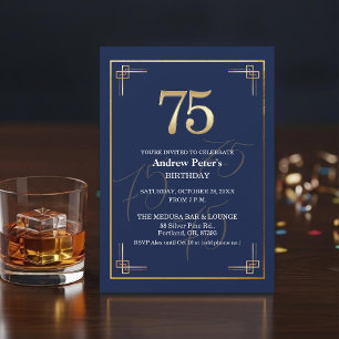 Convites Festa de Aniversário de 75 anos Elegante Azul Dour