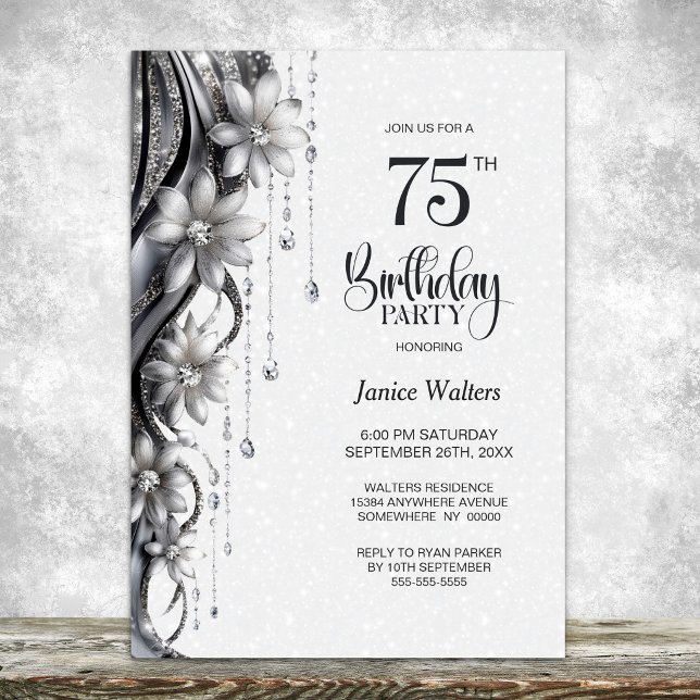 Convites Festa de Aniversário de 75 anos Flores e Diamantes (Criador carregado)
