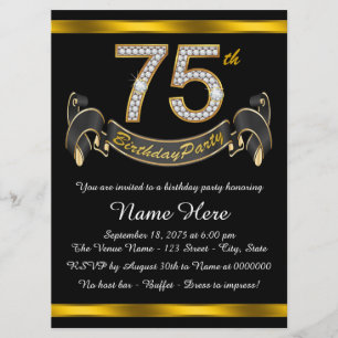 Convites Festa de Aniversário de 75 anos Preto e Dourado