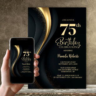 Convites Festa de Aniversário de 75 anos Preto e Dourado
