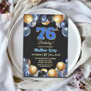 Convites Festa de Aniversário de 76 anos Azul Prata Dourado