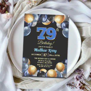 Convites Festa de Aniversário de 79 Anos Azul Prata Dourado