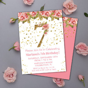 Convites Festa de Aniversário de 7 anos com Rosas Florais R