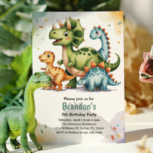 Convites Festa de Aniversário de 7 Anos de Dinossauros para