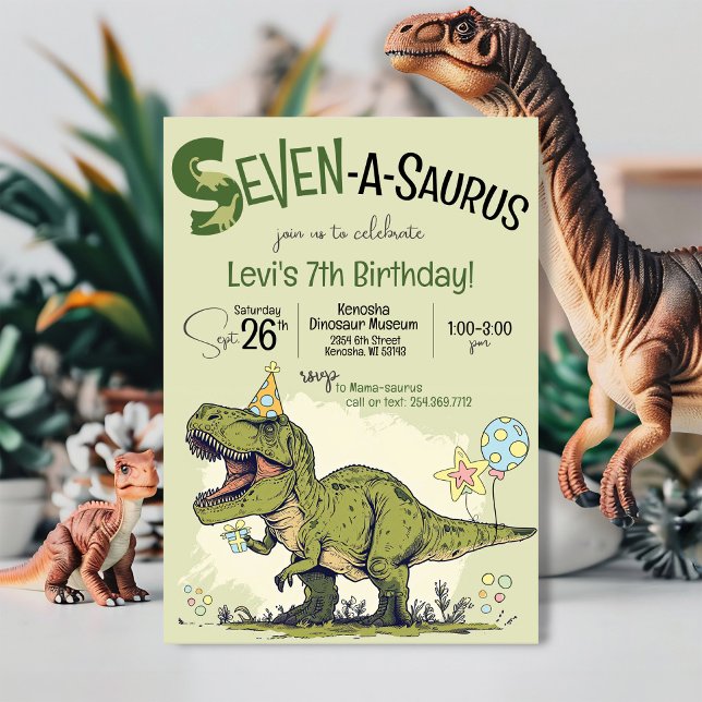 Convites Festa de Aniversário de 7 anos do Dinossauro T-Rex (Cute Cartoon T-Rex funny Dinosaur Seven-A-Saurus boy seventh kids 7th birthday party invitation)