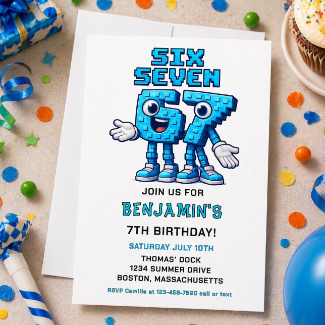 Convites Festa de Aniversário de 7 Anos do Meme Six Seven | (Six Seven Meme 7th Birthday Party | Funny Trendy Invitation
)