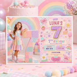 Convites Festa de Aniversário de 7 Anos Menina Arco-Íris Pa