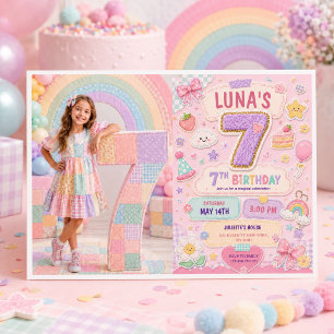 Convites Festa de Aniversário de 7 Anos Menina Arco-Íris Pa