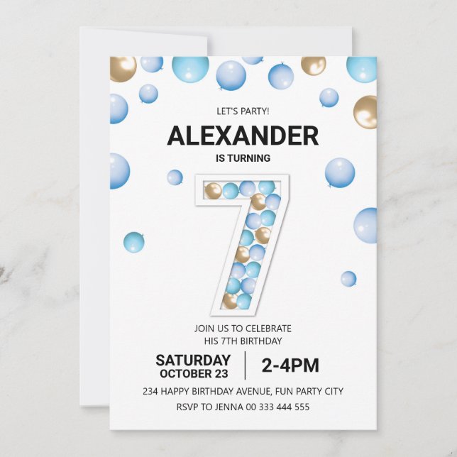 Convites Festa de Aniversário de 7 Anos, Menino Balão Azul  (Frente)