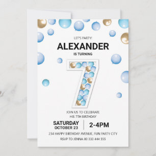Convites Festa de Aniversário de 7 Anos, Menino Balão Azul 