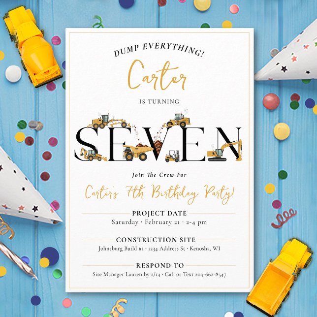 Convites Festa de aniversário de 7 de Bombeiros de Construç (Cute construction trucks theme funny SEVEN boys 7th birthday party invitation dump everything digger)