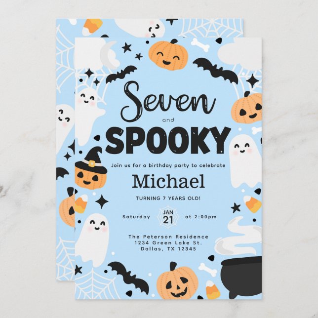 Convites Festa de aniversário de 7 de Fantasmas Cute (Frente/Verso)