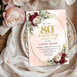 Convites Festa de Aniversário de 80 anos Burgundy Floral Do