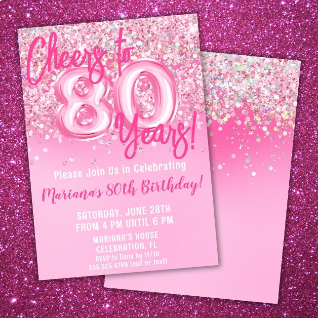 Convites Festa de Aniversário de 80 anos com Brilho Rosa (Criador carregado)