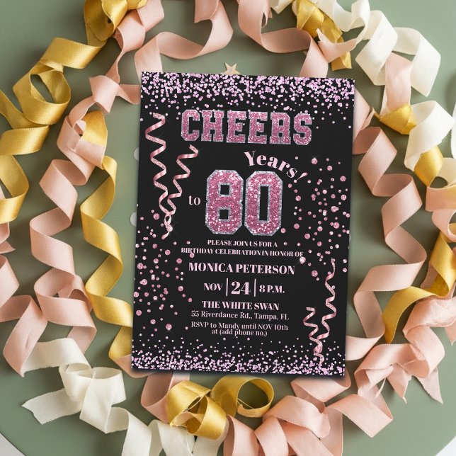 Convites Festa de Aniversário de 80 anos com Brilho Rosa e  (Criador carregado)