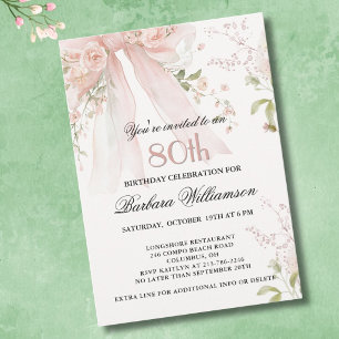 Convites Festa de Aniversário de 80 Anos com Floral Rosa em