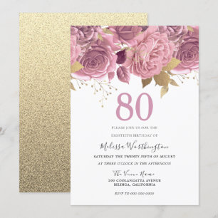 Convites Festa de Aniversário de 80 anos com Flores Rosa e 