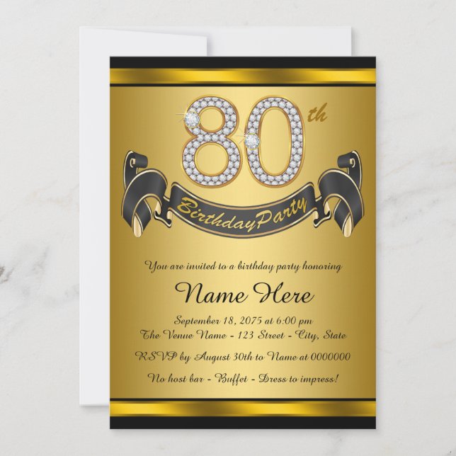 Convites Festa de Aniversário de 80 Anos Elegante em Ouro (Frente)