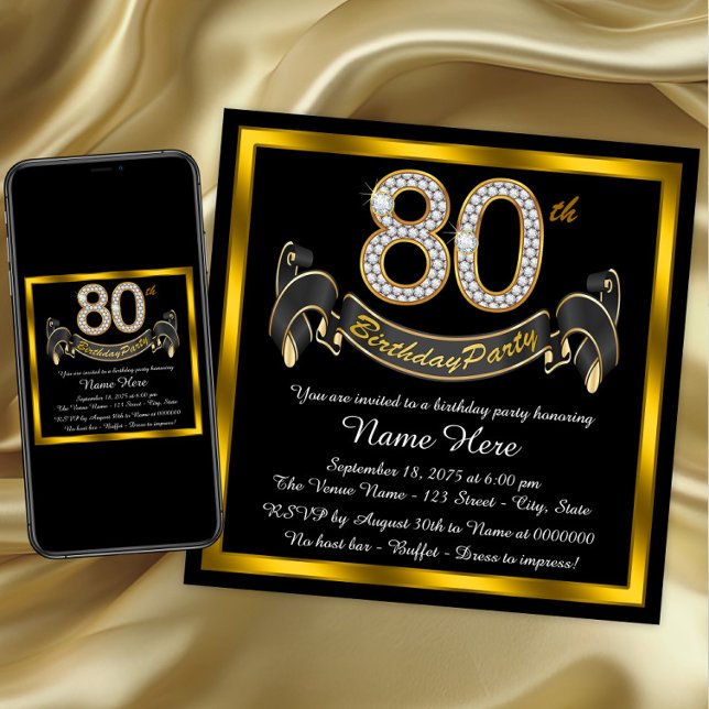 Convites Festa de Aniversário de 80 Anos Elegante em Ouro (80th birthday party invitations. Instant download and printed invitations available. )
