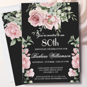 Convites Festa de Aniversário de 80 Anos Elegantes Rosas Pi