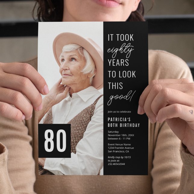 Convites Festa de Aniversário de 80 Anos em Preto e Branco  (Criador carregado)