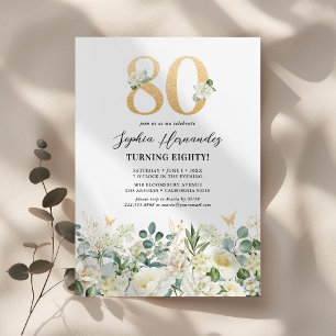 Convites Festa de Aniversário de 80 anos Floral Verde e Bra