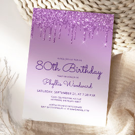 Convites Festa de Aniversário de 80 anos Glitter Drip Roxo
