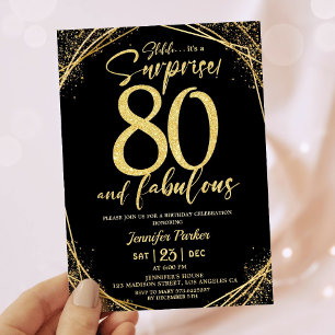Convites Festa de Aniversário de 80 anos Preto Dourado Bril
