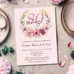 Convites Festa de Aniversário de 80 Anos Rosa Espanhol Flor