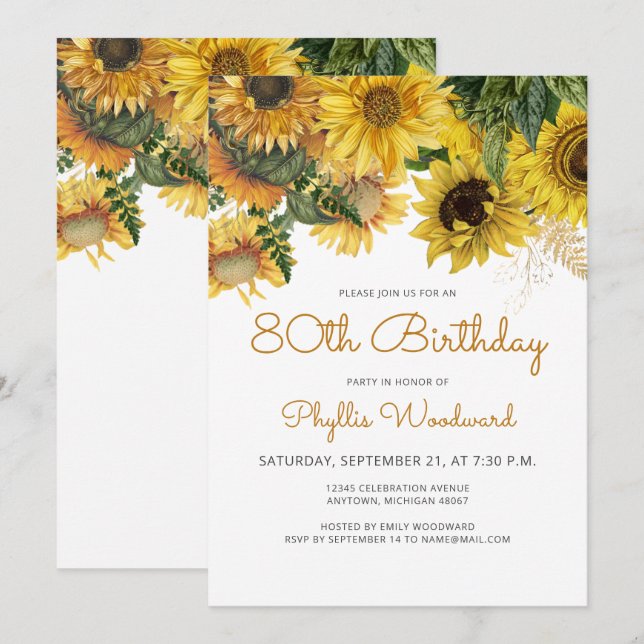 Convites Festa de Aniversário de 80 anos Sunflower Floral (Frente/Verso)
