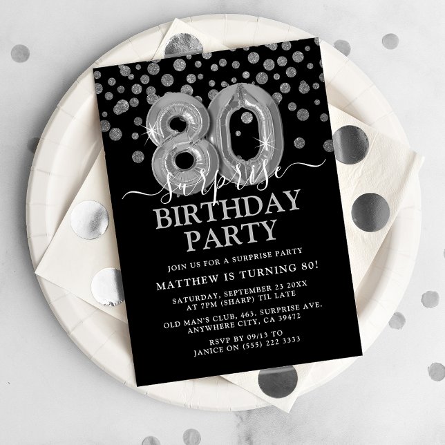 Convites Festa de Aniversário de 80 anos Surpresa Preta e P (Criador carregado)